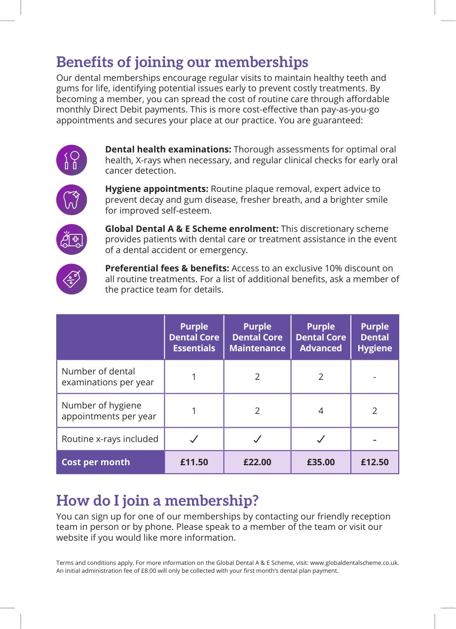 Purple Dental Care patient plan flyer back: membership benefits and monthly prices for Essentials, Maintenance, Advanced and Hygiene