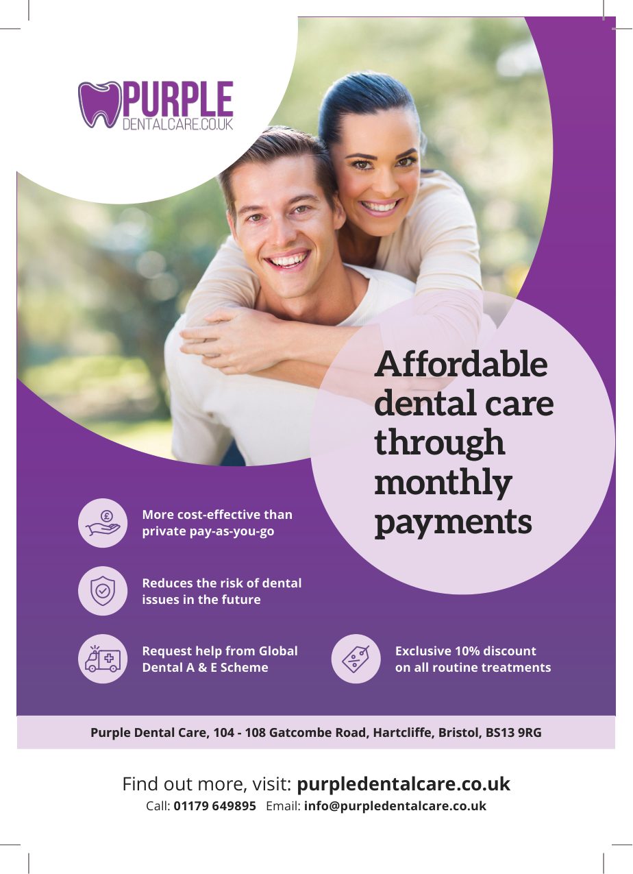Purple Dental Care patient plan flyer front: affordable dental care through monthly payments, 10% discount and Global Dental A and E Scheme